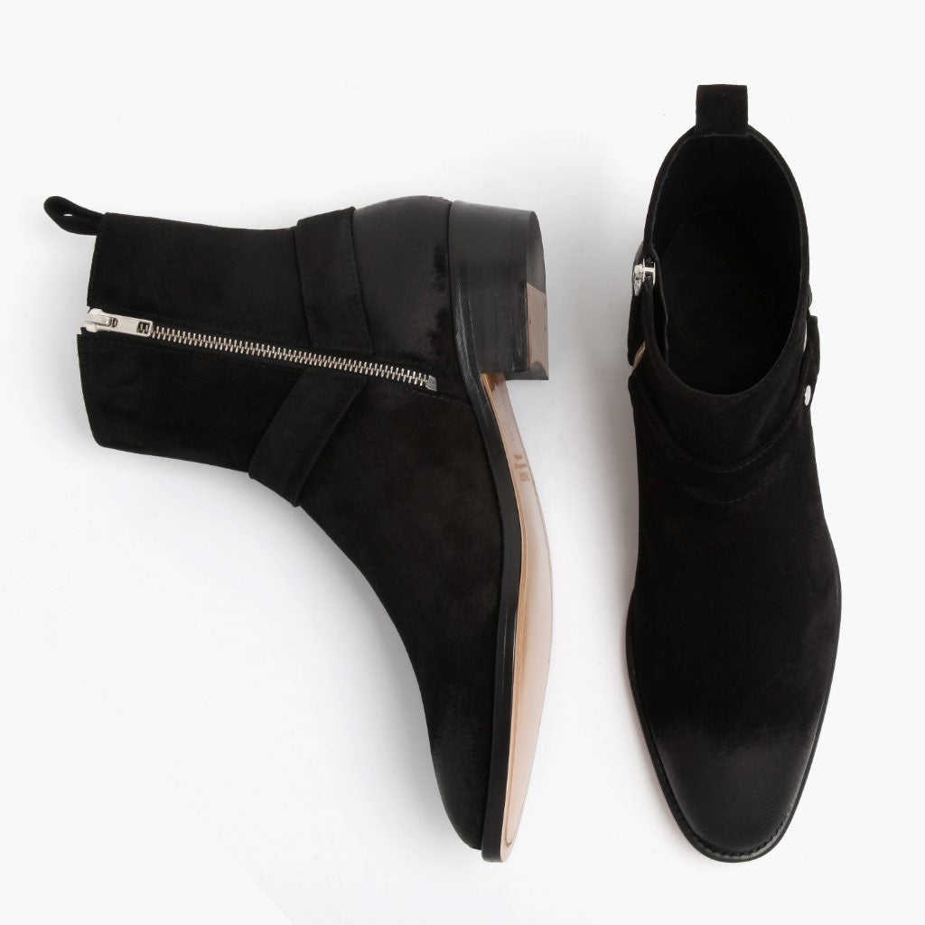 Harness E zezë Suede Çizme lëkure për Meshkuj - Pjesë e pasme e thembrës e përforcuar dhe qepje dyshe precize