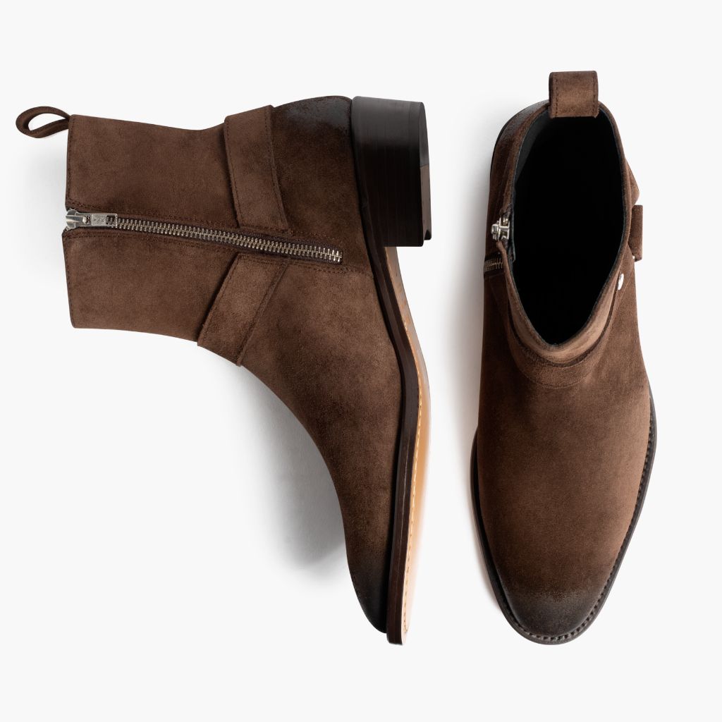 Harness Dark Kafe Suede Çizme lëkure për Meshkuj - Pjesë e pasme e thembrës e përforcuar dhe qepje dyshe precize