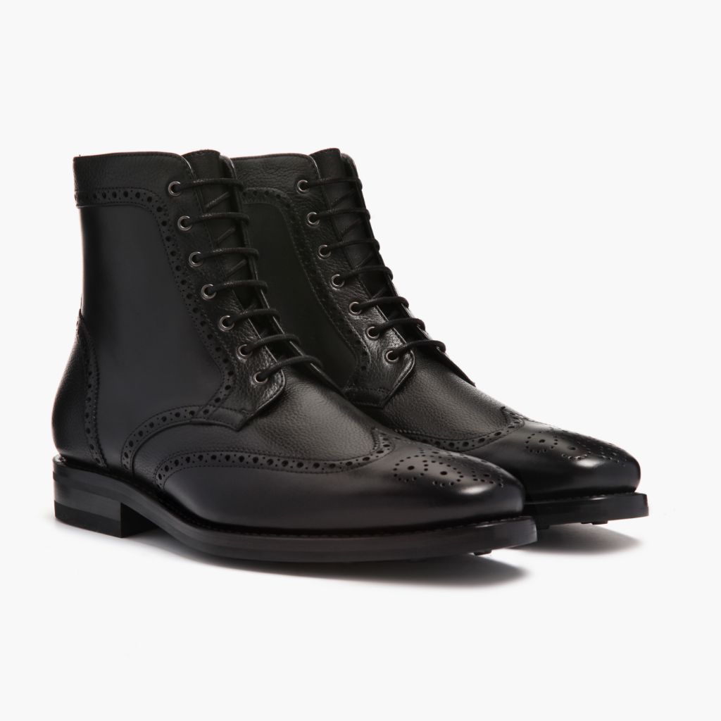 Wingtip E zezë Çizme lëkure për Meshkuj For Men në lëkurë të vërtetë viçi të zezë - Pamje anësore | Bli online
