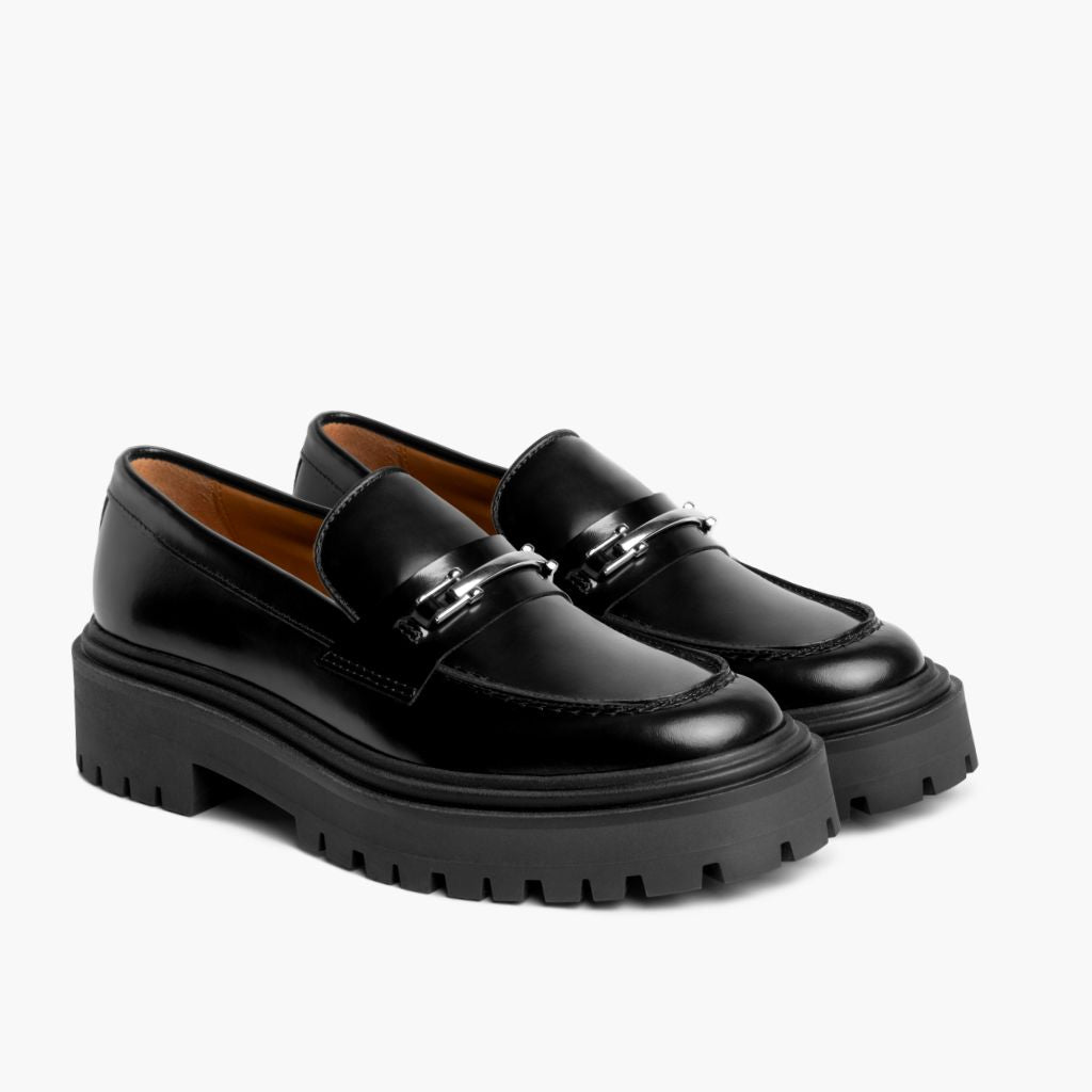 Penny Platform E zezë & Silver Mokasina lëkure për Femra në lëkurë të vërtetë viçi të zezë - Pamje anësore | Bli online
