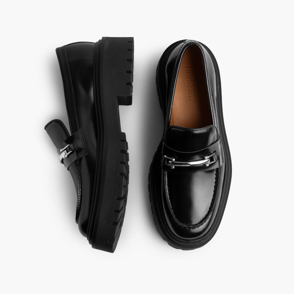 Penny Platform E zezë & Silver Mokasina lëkure për Femra - Pjesë e pasme e thembrës e përforcuar dhe qepje dyshe precize