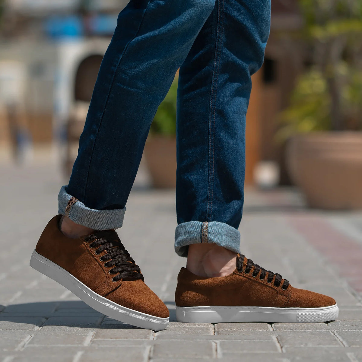 Brown Goatskin Suede Leather Sneakers - Strukturë e qepur Goodyear welt dhe maja e këpucës
