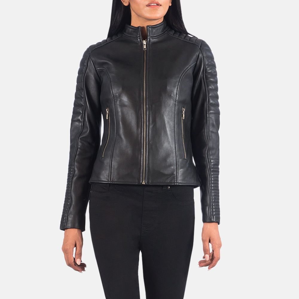 
Black Sheepskin Leather Biker Jacket - Pamje e pasme me supe të theksuara dhe buzë të pastër