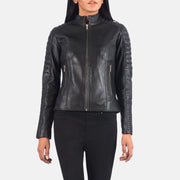 
Black Sheepskin Leather Biker Jacket - Pamje e pasme me supe të theksuara dhe buzë të pastër
