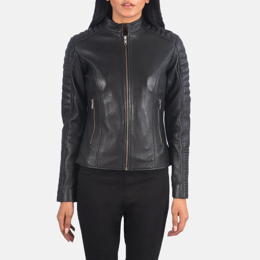 
Detaje nga afër of Band & Zipper Hardware on Adalyn E tegelisur E zezë Xhaketë Motociklisti Lëkure për Femra