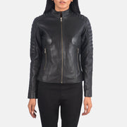 
Detaje nga afër of Band & Zipper Hardware on Adalyn E tegelisur E zezë Xhaketë Motociklisti Lëkure për Femra