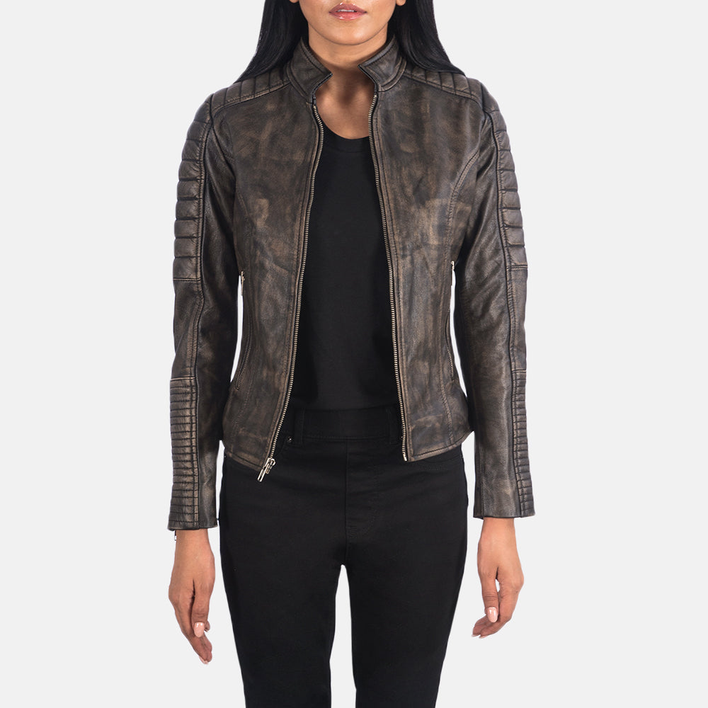 
Adalyn E tegelisur Distressed Kafe Xhaketë Motociklisti Lëkure për Femra in Distressed Brown Goatskin Leather - Pamje ballore dhe siluetë e përshtatur | Bli online