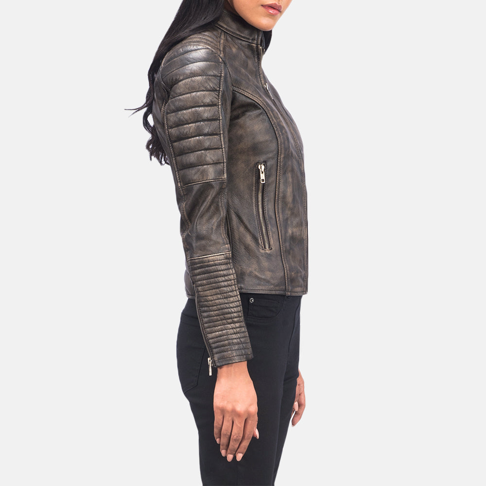 
Distressed Brown Goatskin Leather Biker Jacket - Pamje e pasme me supe të theksuara dhe buzë të pastër