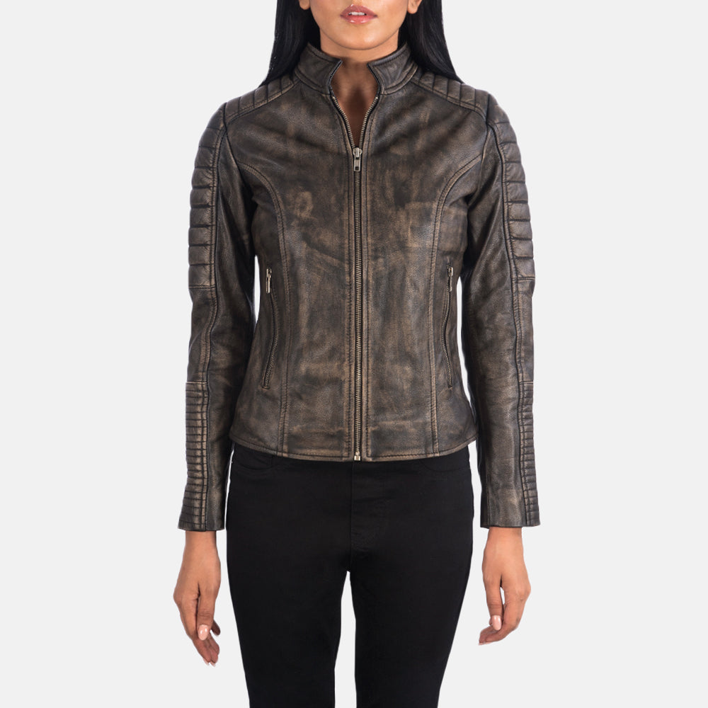 
Detaje nga afër of Band & Zipper Hardware on Adalyn E tegelisur Distressed Kafe Xhaketë Motociklisti Lëkure për Femra