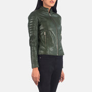 
Green Sheepskin Leather Biker Jacket - Pamje e pasme me supe të theksuara dhe buzë të pastër