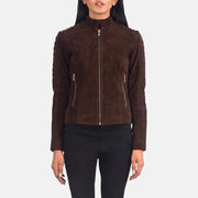 
Adalyn E tegelisur Mocha Suede Xhaketë Motociklisti Lëkure për Femra in Mocha Brown Goatskin Suede - Pamje ballore dhe siluetë e përshtatur | Bli online
