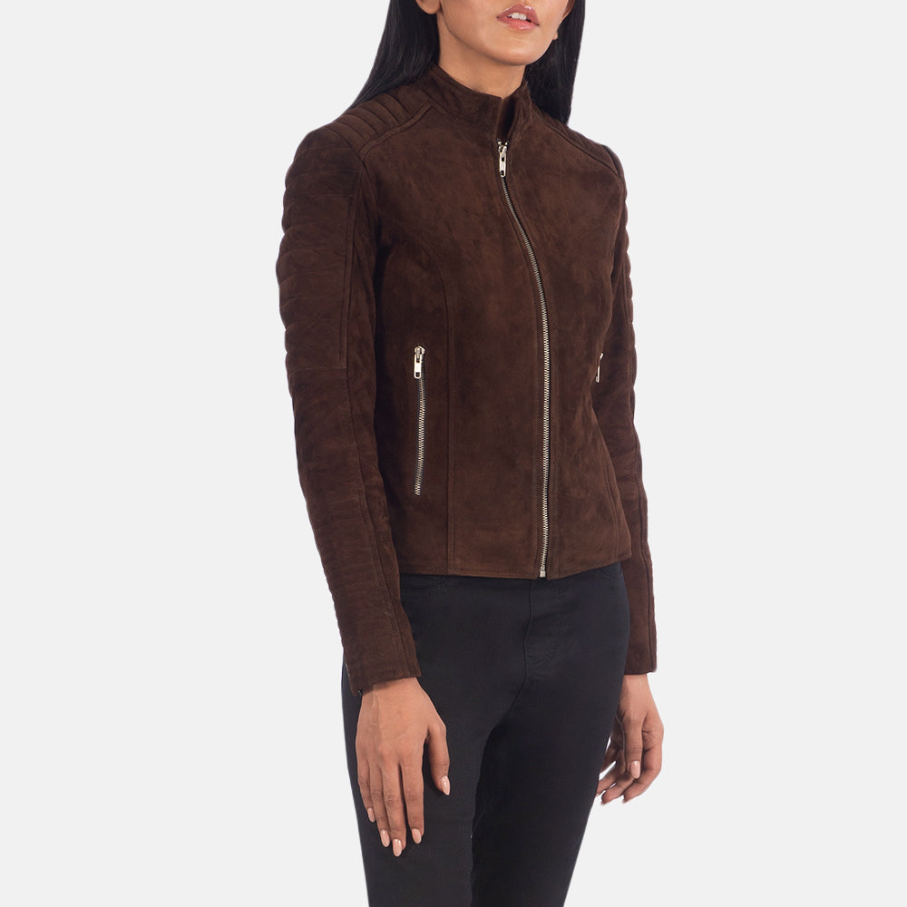 
Mocha Brown Goatskin Suede Biker Jacket - Pamje e pasme me supe të theksuara dhe buzë të pastër