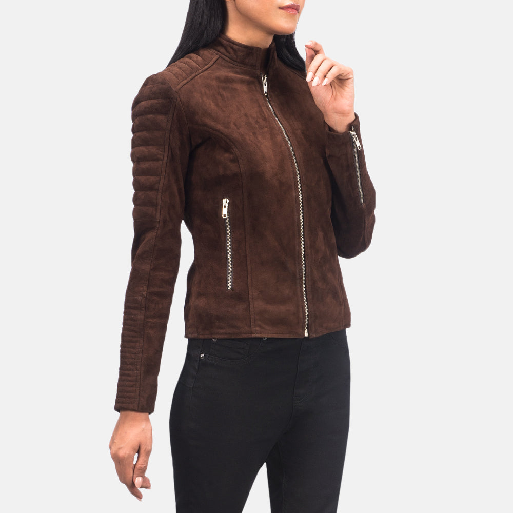 
Adalyn E tegelisur Mocha Suede Xhaketë Motociklisti Lëkure për Femra - Pamje anësore me prerje ergonomike të mëngëve