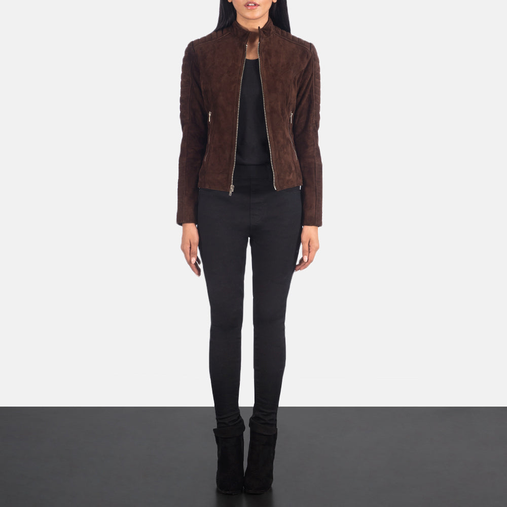 
Detaje nga afër of Band & Zipper Hardware on Adalyn E tegelisur Mocha Suede Xhaketë Motociklisti Lëkure për Femra