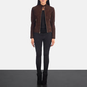 
Detaje nga afër of Band & Zipper Hardware on Adalyn E tegelisur Mocha Suede Xhaketë Motociklisti Lëkure për Femra