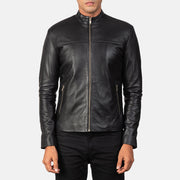 Men's Adornica Black Leather Biker Jacket - Lateral Side Profile View Showing Sleeve Cut &amp; Athletic Taper Fit