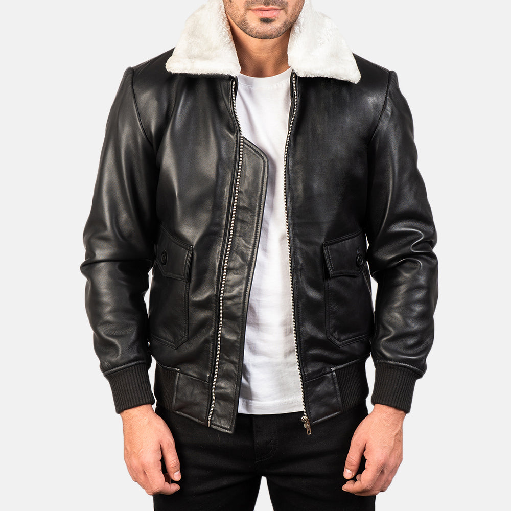 
Airin G-1 Black & White Leather Bomber Jacket in Black Sheepskin Leather - Pamje ballore dhe siluetë e përshtatur | Bli online