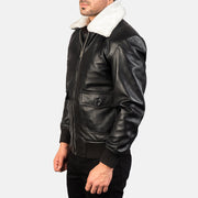 
Black Sheepskin Leather Bomber Jacket - Pamje e pasme me supe të theksuara dhe buzë të pastër