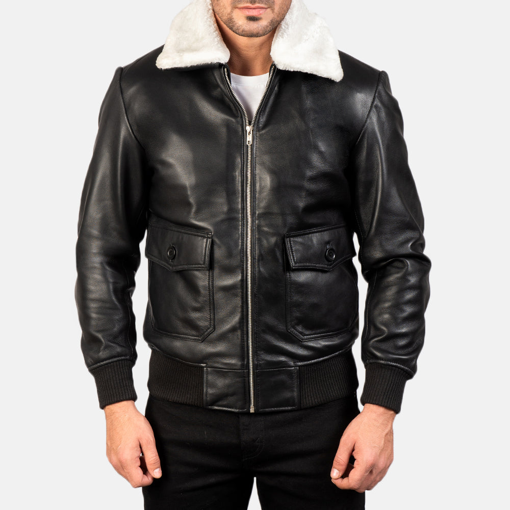 
Detaje nga afër of Shirt with Removable Fur & Zipper Hardware on Airin G-1 Black & White Leather Bomber Jacket
