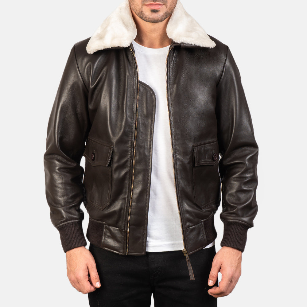 
Airin G-1 Kafe Xhaketë Bomber Lëkure për Meshkuj in Brown Sheepskin Leather - Pamje ballore dhe siluetë e përshtatur | Bli online