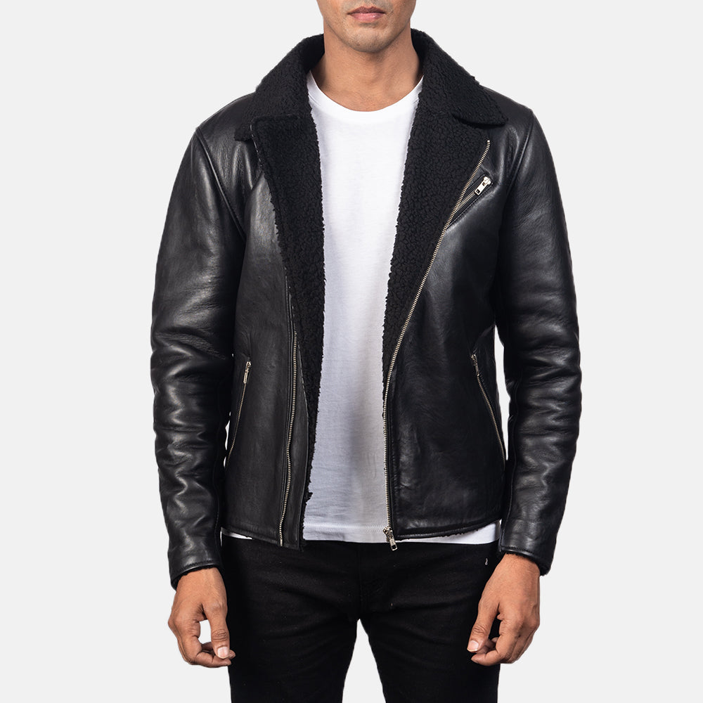 Men's Alberto Shearling Black Leather Jacket in Black Sheepskin Leather - Front Profile View &amp; Tailored Silhouette | Buy Online