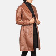 Close-Up Detail of Notch &amp; Buttons Hardware on Women's Alexis Brown Single Breasted Leather Coat