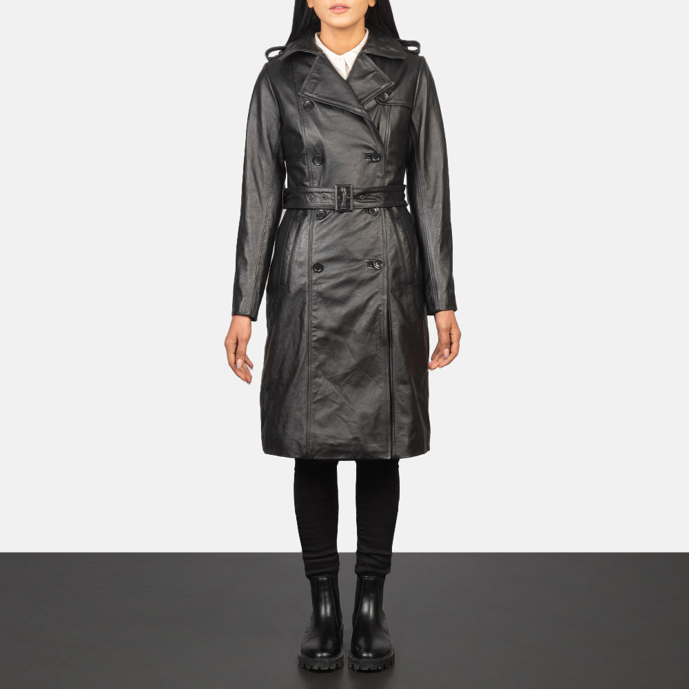 
Alice Black Double Breasted Leather Coat in Black Cowhide Leather - Pamje ballore dhe siluetë e përshtatur | Bli online