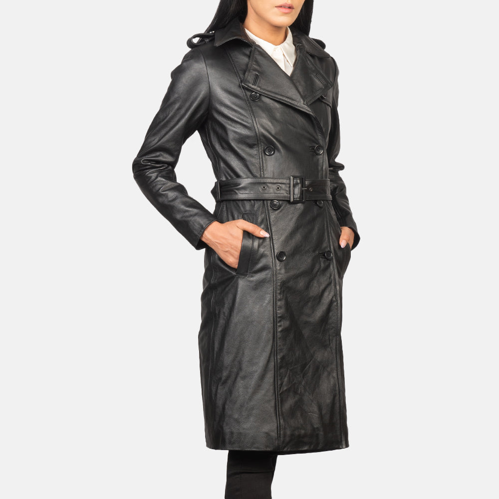 
Detaje nga afër of Notch & Buttons Hardware on Alice Black Double Breasted Leather Coat