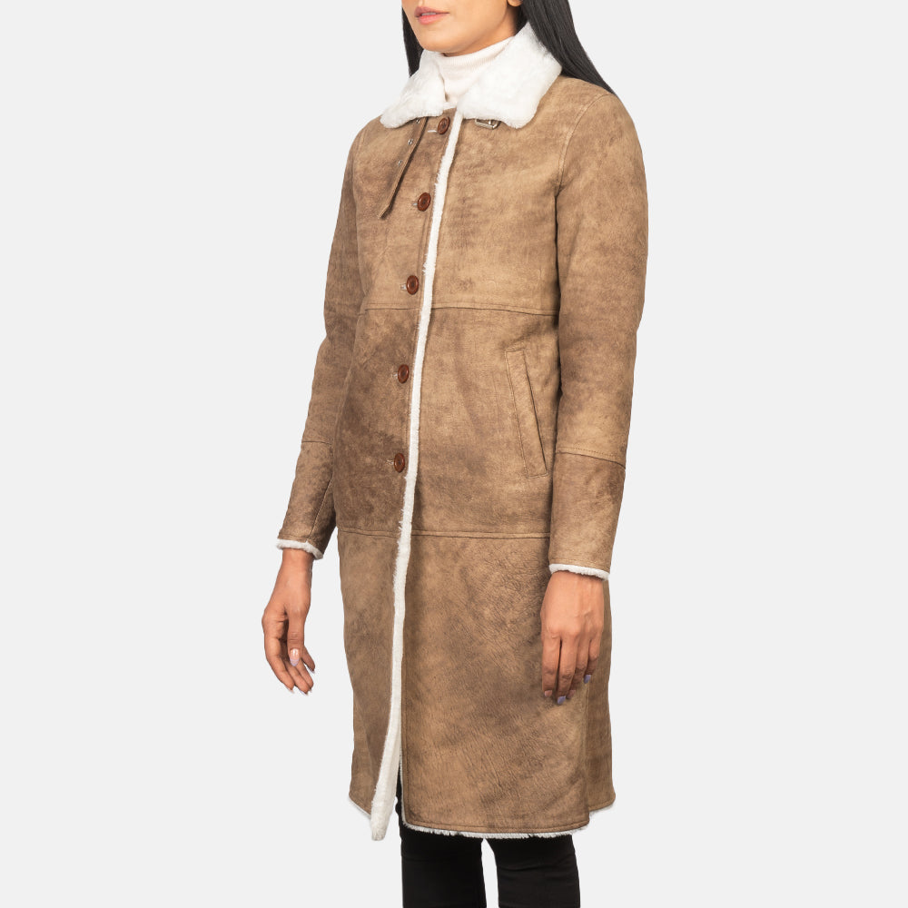
Alina Shearling Kafe Pallto Lëkure për Femra in Distressed Brown Sheepskin Leather - Pamje ballore dhe siluetë e përshtatur | Bli online