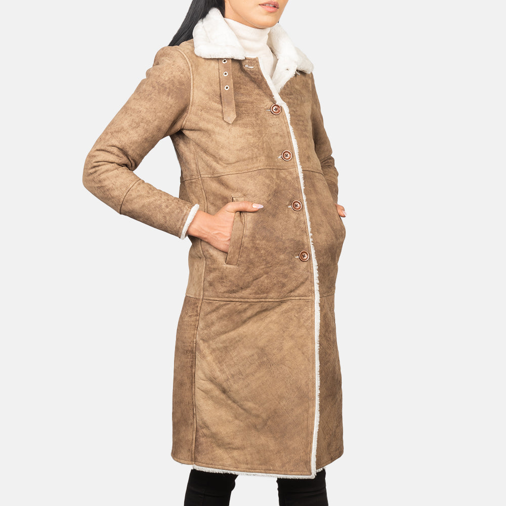 
Distressed Brown Sheepskin Leather Aviator Jacket - Pamje e pasme me supe të theksuara dhe buzë të pastër