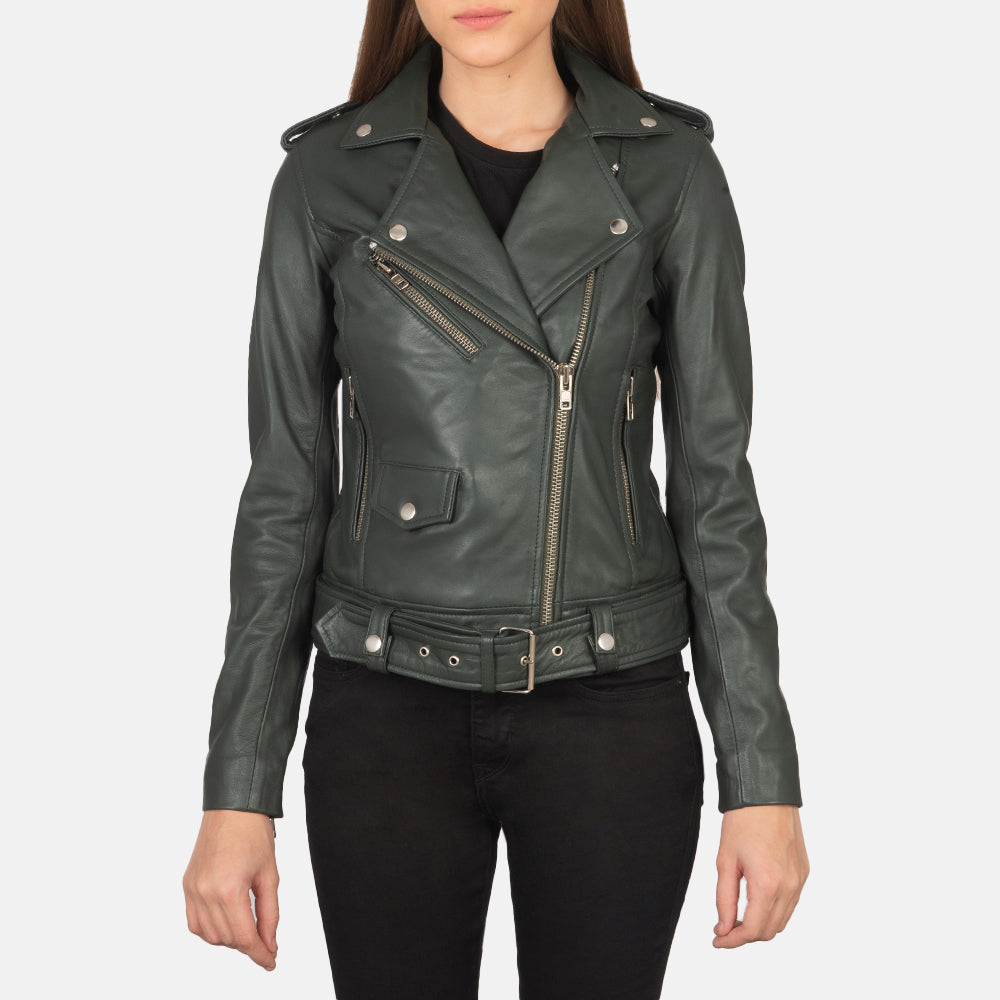 Close-Up Detail of Notch &amp; Zipper Hardware on Women's Alison Green Leather Biker Jacket