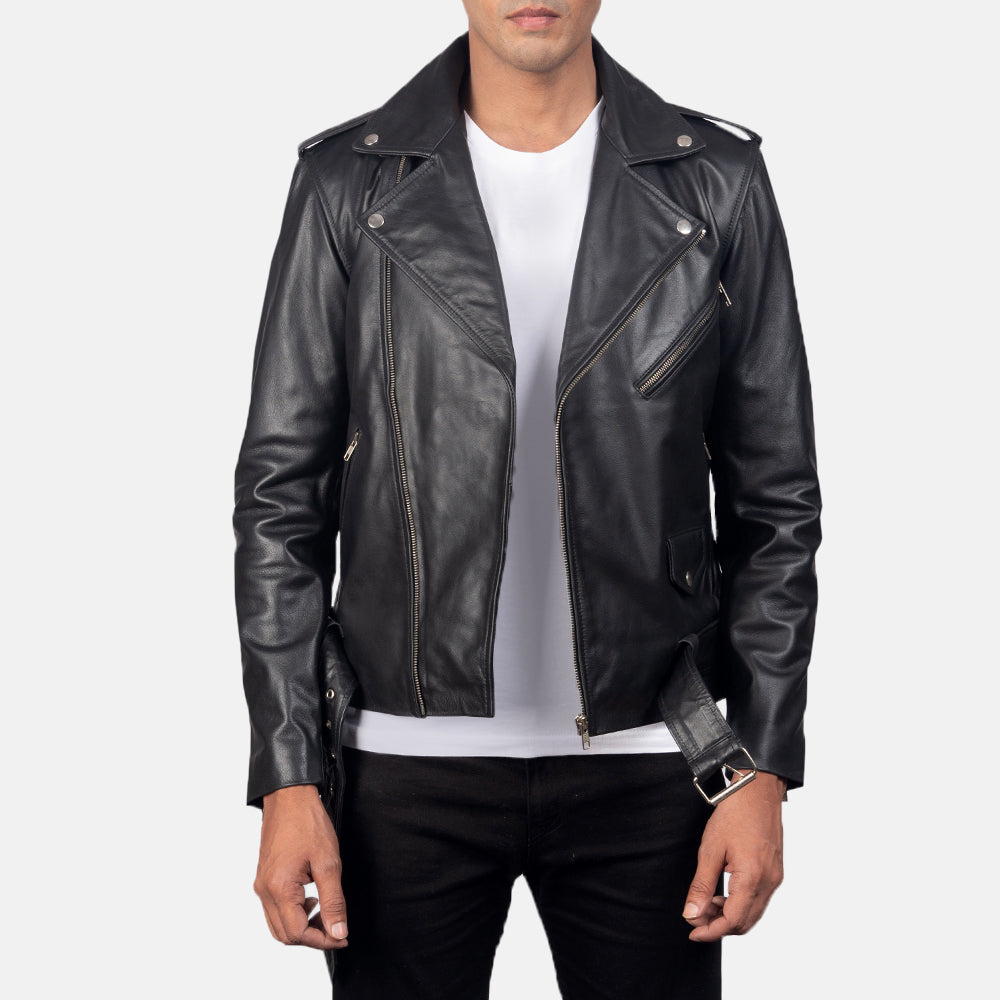 
Allaric Alley Black Leather Biker Jacket in Black Cowhide Leather - Pamje ballore dhe siluetë e përshtatur | Bli online