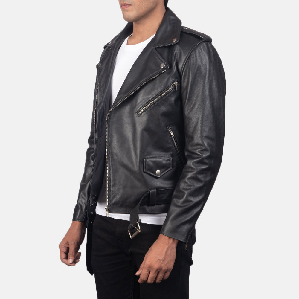 
Black Cowhide Leather Biker Jacket - Pamje e pasme me supe të theksuara dhe buzë të pastër