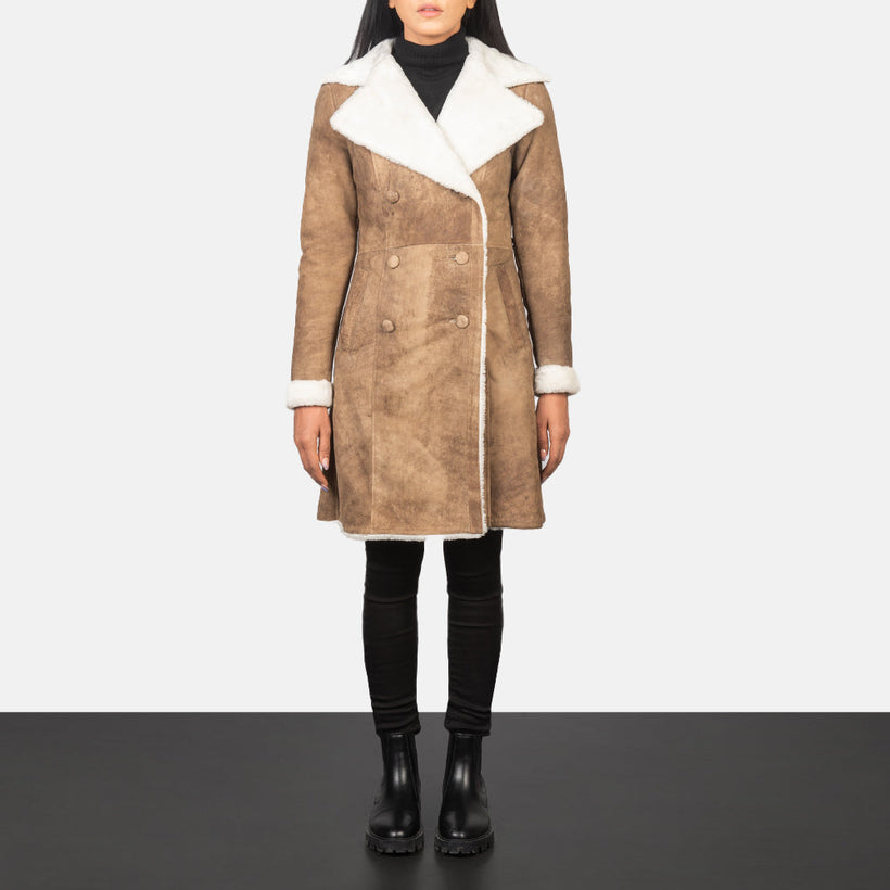 Amie Distressed Kafe Double-Breasted Shearling Coat për femra