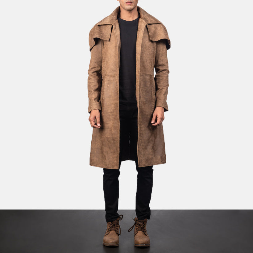 Army Kafe Leather Duster për meshkuj