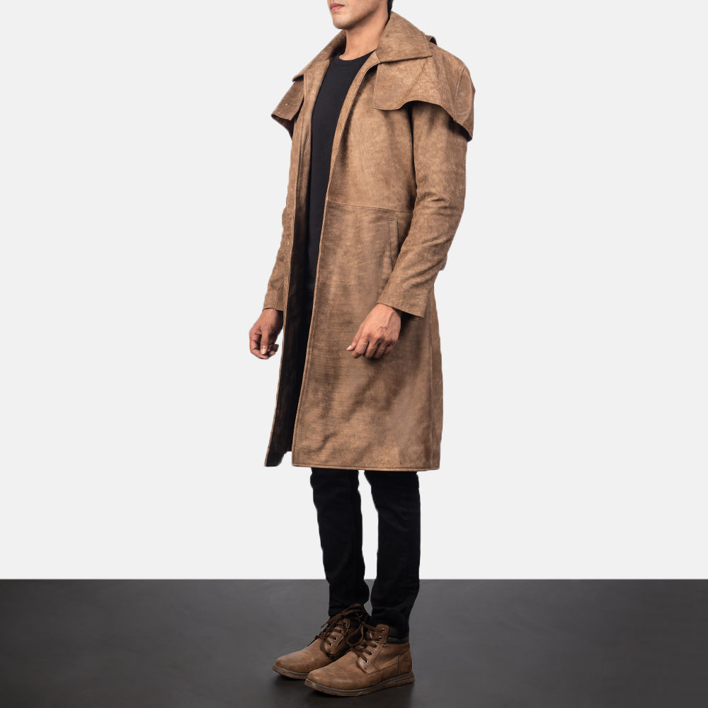 
Distressed Brown Sheepskin Snuffed Trench Coat - Pamje e pasme me supe të theksuara dhe buzë të pastër