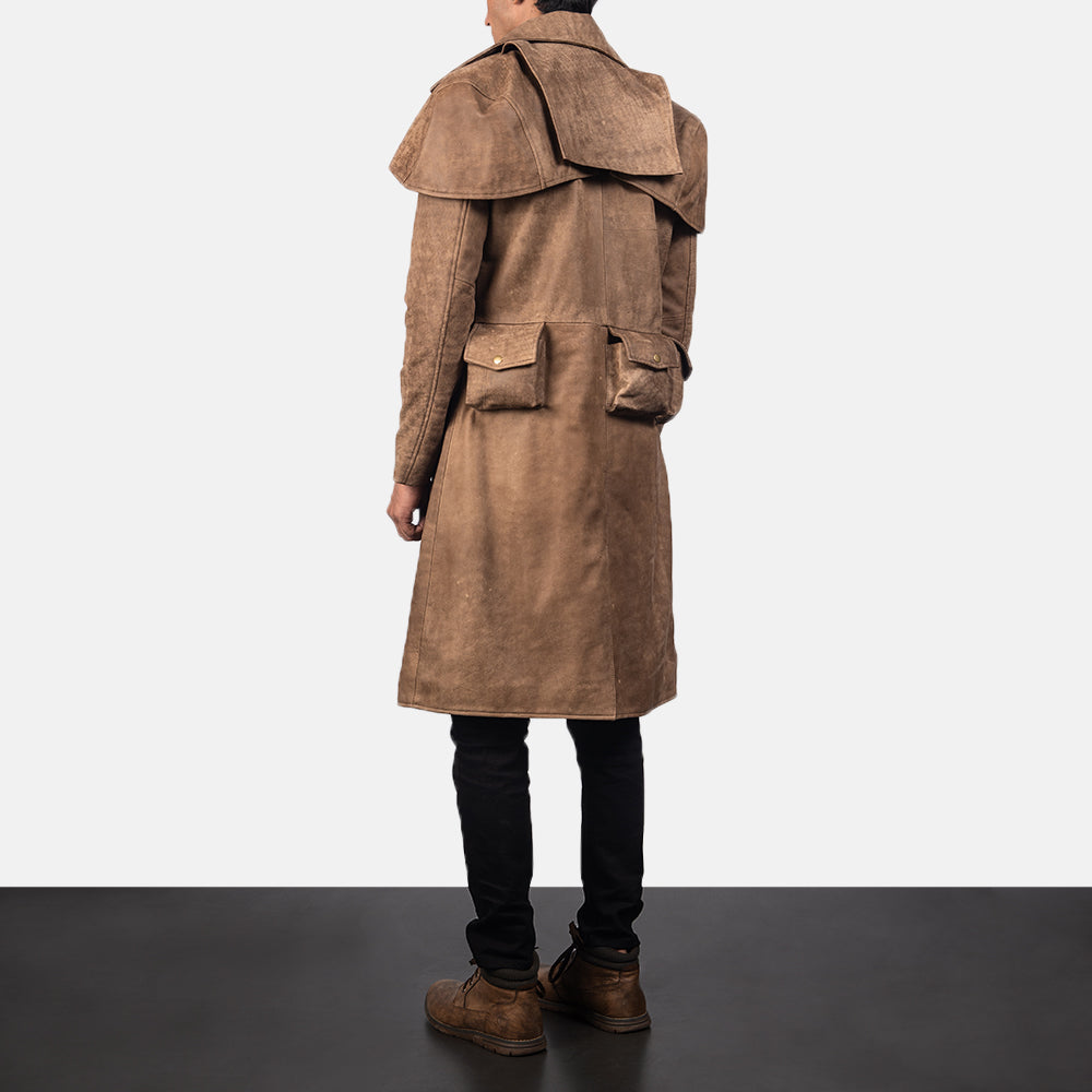 
Army Kafe Leather Duster për Meshkuj - Pamje anësore me prerje ergonomike të mëngëve