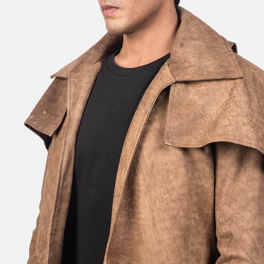 
Detaje nga afër of Classic Collar & Heavy-Duty Zipper Hardware on Army Kafe Leather Duster për Meshkuj