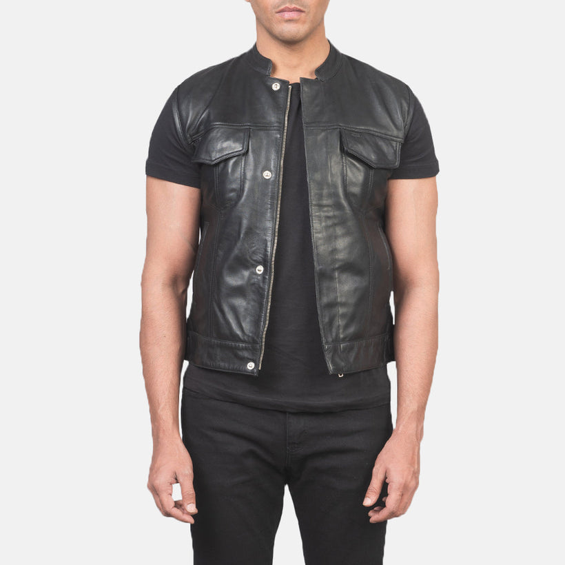 Atlas Moto E zezë Leather Vest për meshkuj