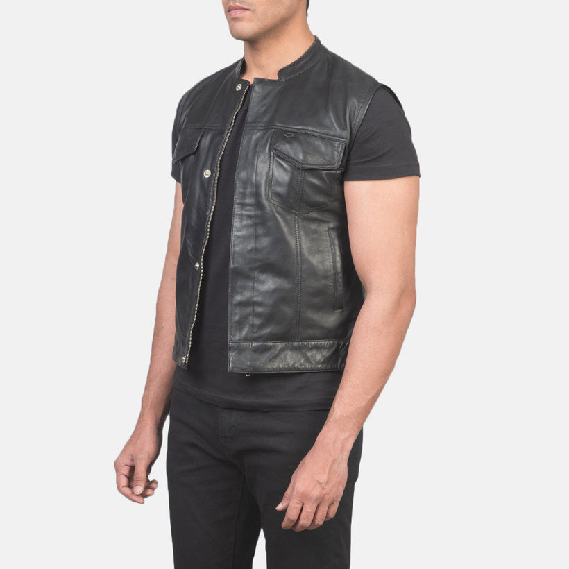 Atlas Moto E zezë Leather Vest për meshkuj