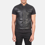 
Detaje nga afër of Band & Zipper with Button Flap Hardware on Atlas Moto E zezë Jelek Lëkure për Meshkuj