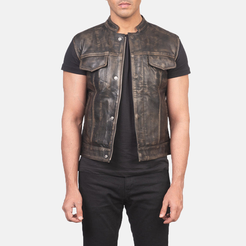 Atlas Moto Distressed Kafe Leather Vest për meshkuj