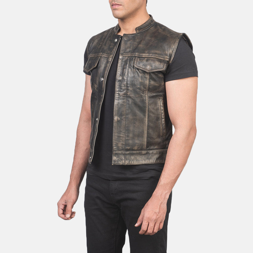 Atlas Moto Distressed Kafe Leather Vest për meshkuj
