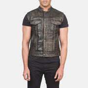 
Detaje nga afër of Band & Zipper with Button Flap Hardware on Atlas Moto Distressed Kafe Jelek Lëkure për Meshkuj