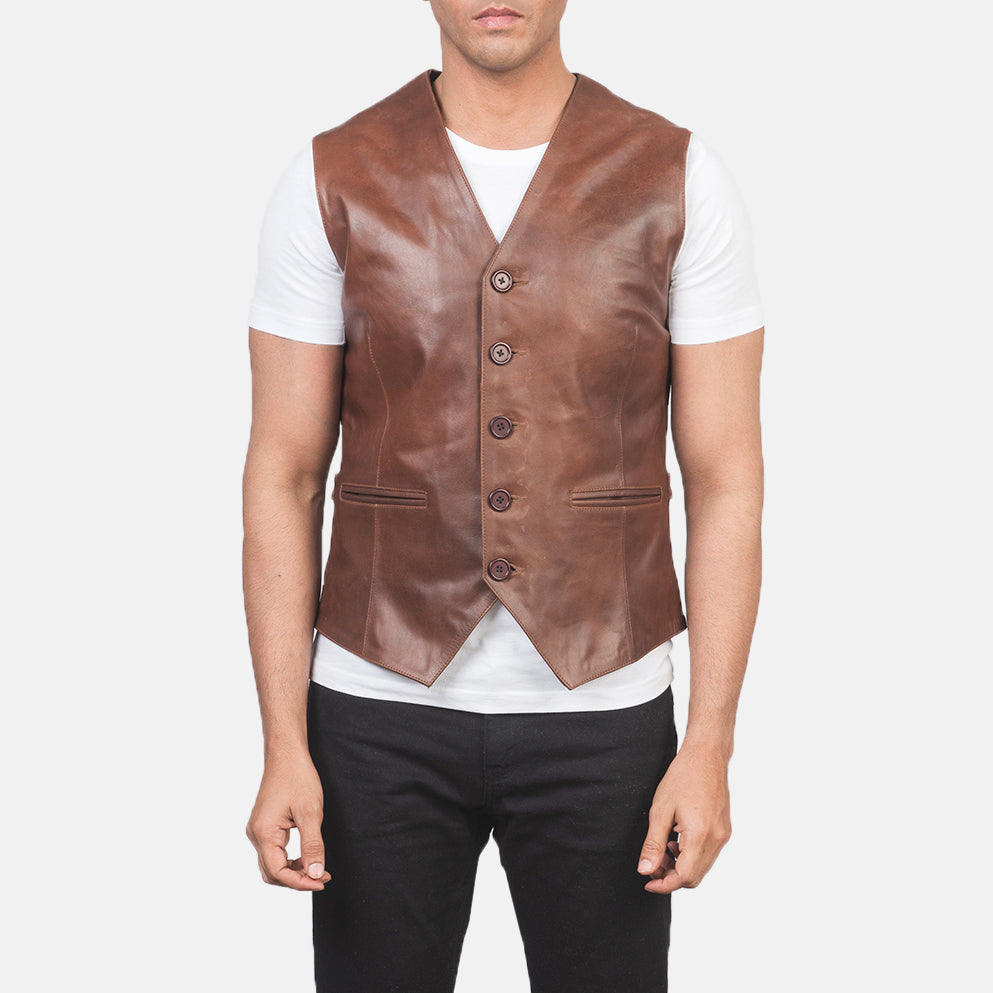 Close-Up Detail of Classic Collar &amp; 5 Button Hardware on Men's Auden Brown Leather Vest