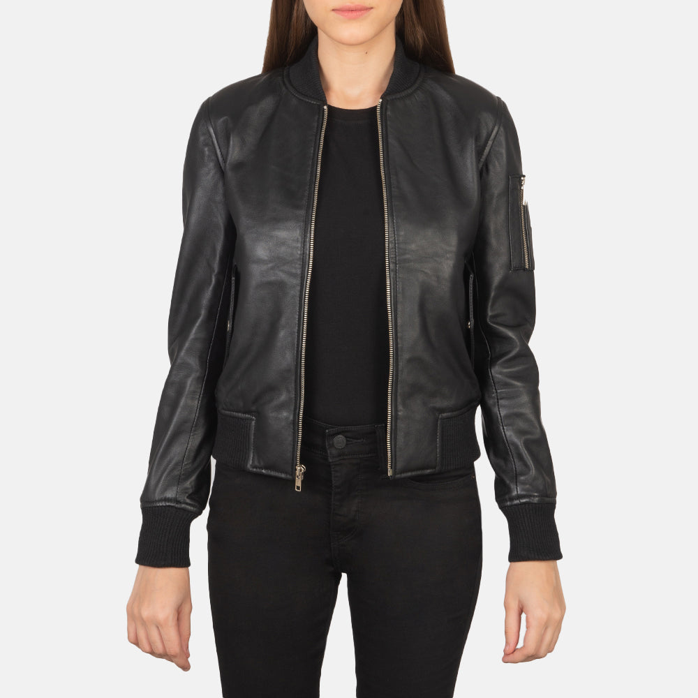 
Ava Ma-1 Black Leather Bomber Jacket in Black Sheepskin Leather - Pamje ballore dhe siluetë e përshtatur | Bli online
