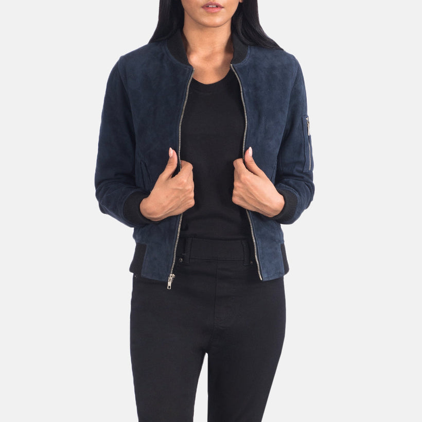 Ava MA-1 Blue Suede Xhaketë bomber lëkure për femra