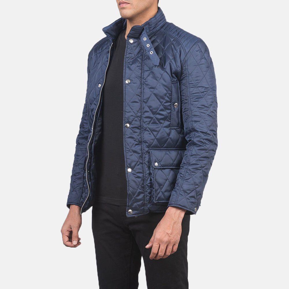 Blue Nylon Winter Jacket - Back View Showing Tailored Shoulder Fit &amp; Clean Hemline