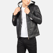 
Baston Black Hooded Leather Bomber Jacket in Black Sheepskin Leather - Pamje ballore dhe siluetë e përshtatur | Bli online