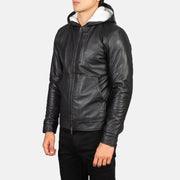 
Black Sheepskin Leather Bomber Jacket - Pamje e pasme me supe të theksuara dhe buzë të pastër